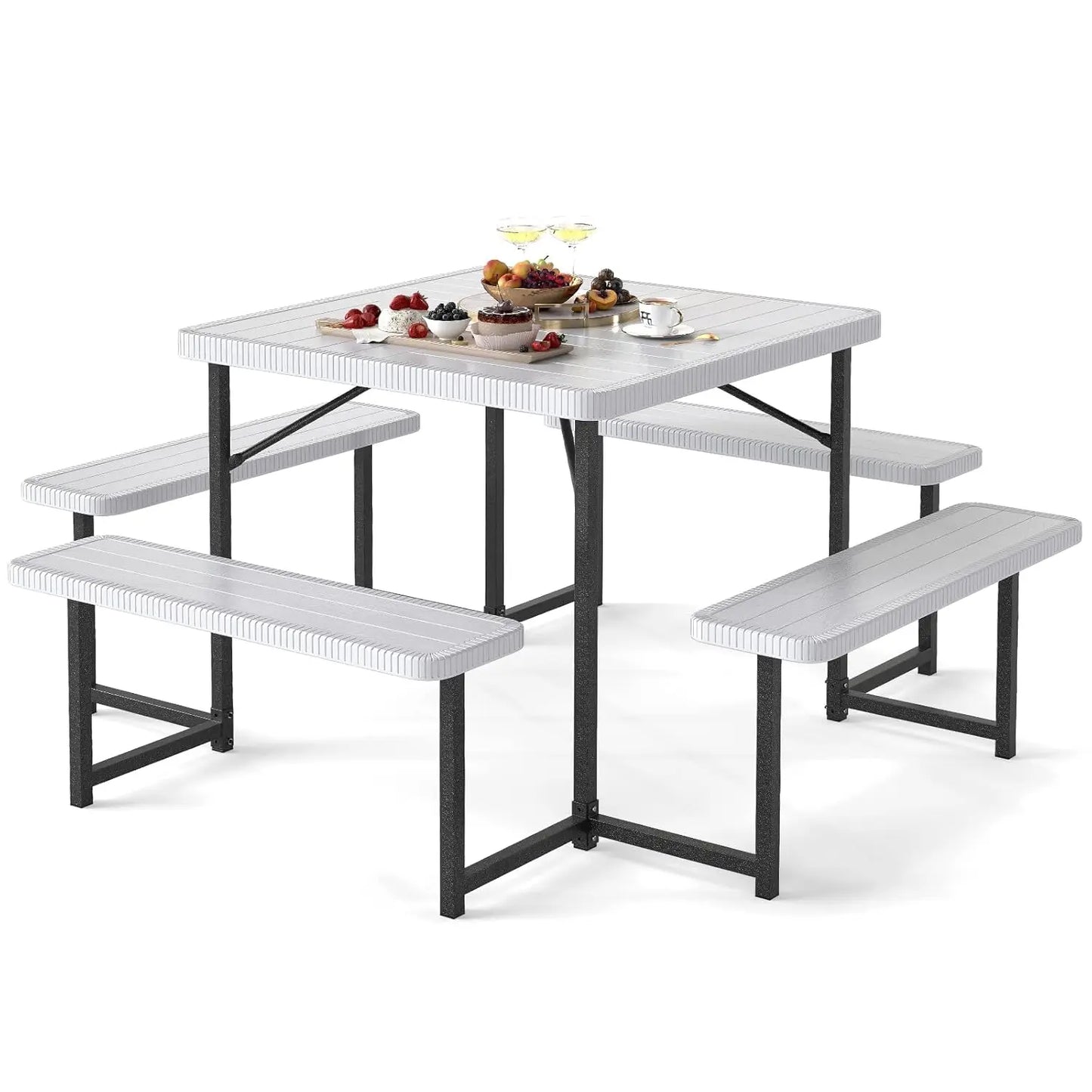 Picnic Table Bench Set for 4-8 People, 34" Outdoor Square Dining Table & 2 Benches W/Umbrella Hole, Customized