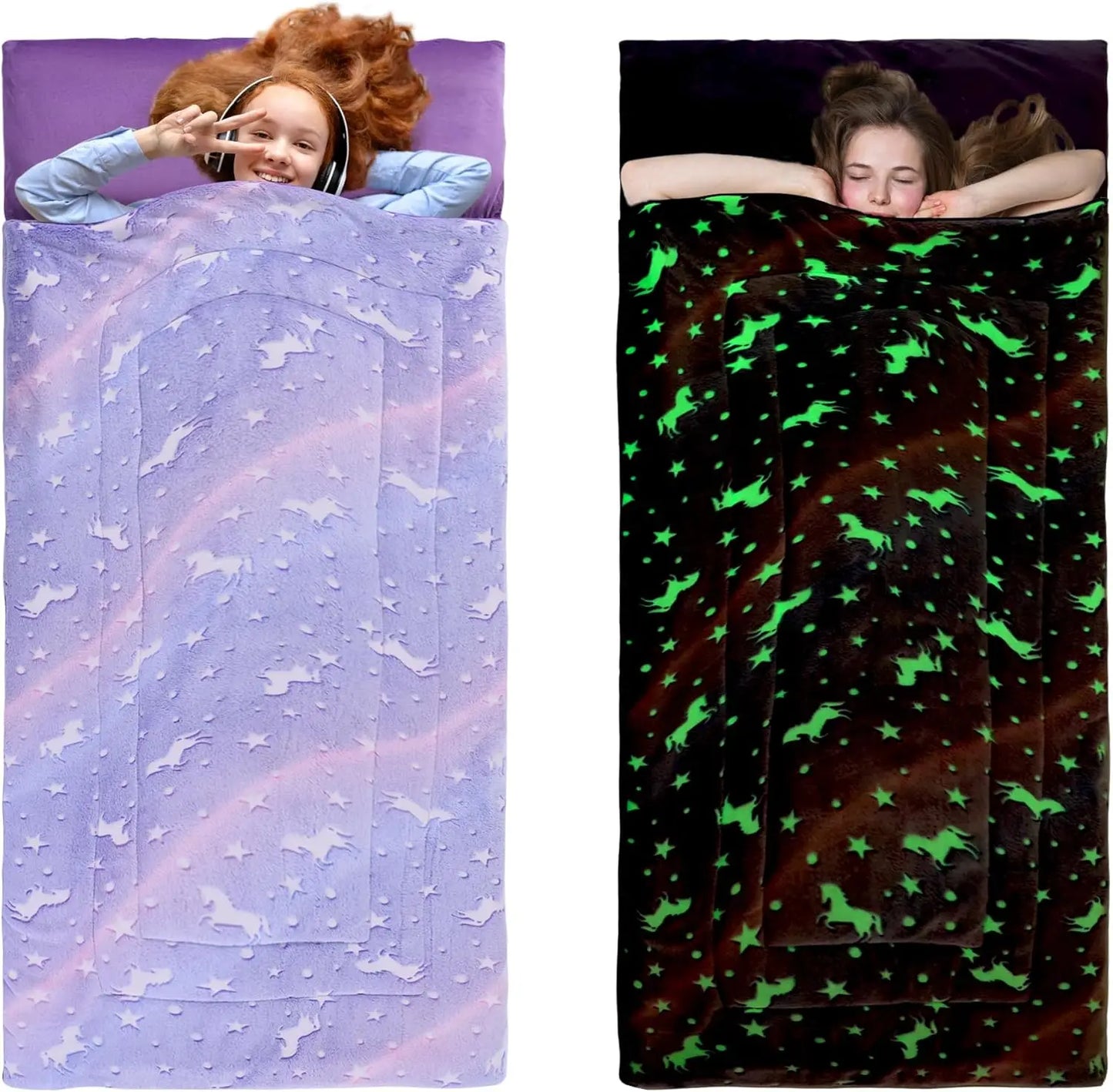 Glow in the Dark Kids Sleeping Bag for Ages 10-12, Soft Nap Mat with Pillow and Blanket for Daycare, School, Travel & Camping, Sleep Bag for Boys and Girls, Truck Theme