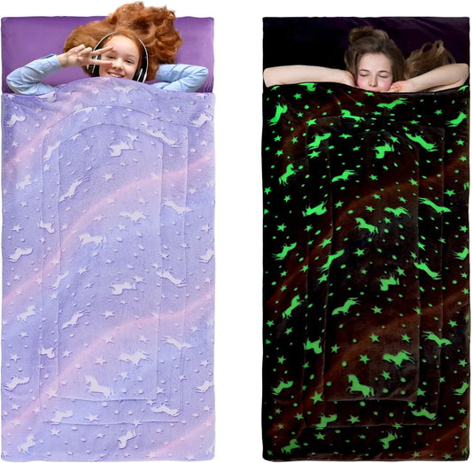 Glow in the Dark Kids Sleeping Bag for Ages 10-12, Soft Nap Mat with Pillow and Blanket for Daycare, School, Travel & Camping, Sleep Bag for Boys and Girls, Truck Theme