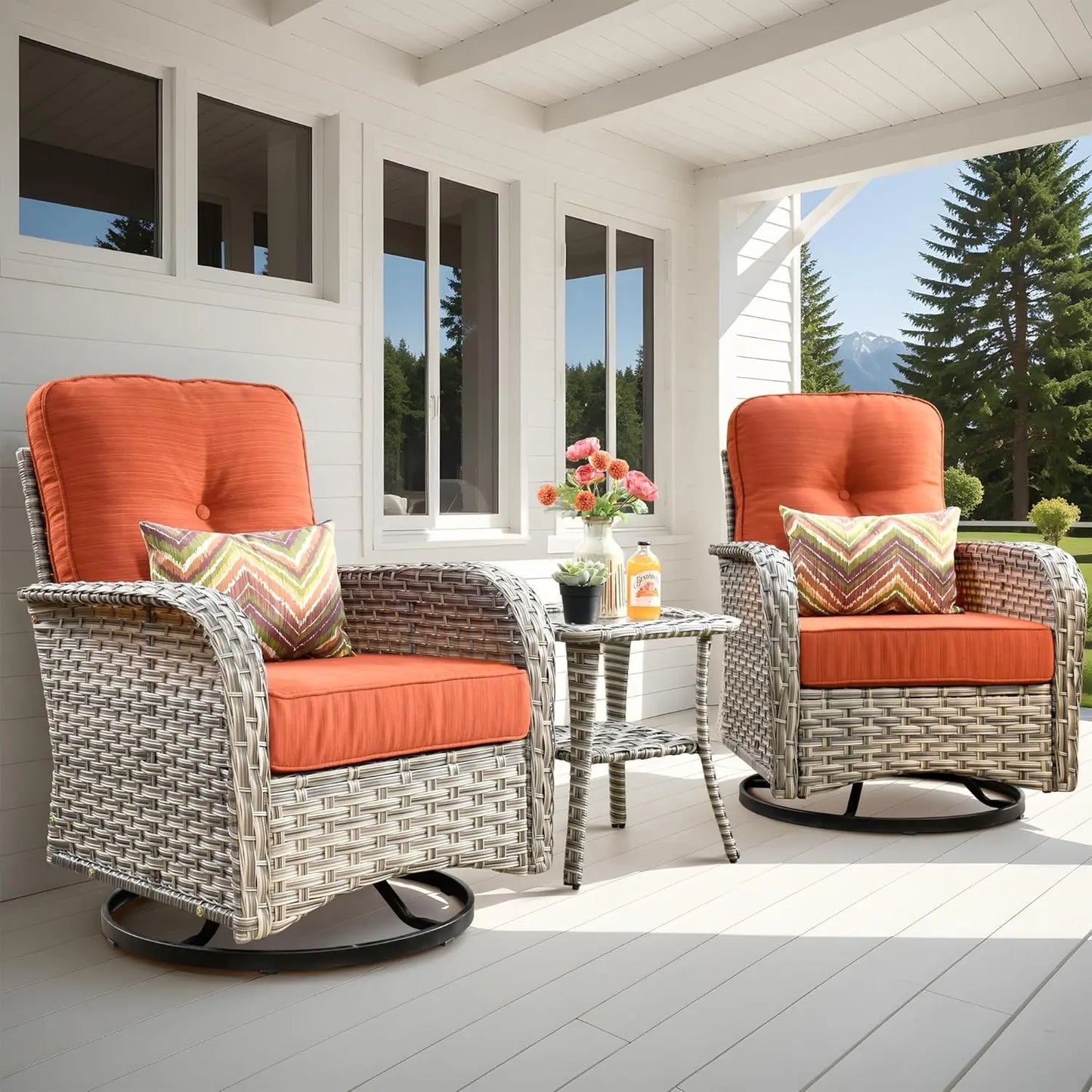 All-Weather Wicker Swivel Rocker Patio Chair Set of 2 with Coffee Table for Deck Porch Balcony Poolside, Customized
