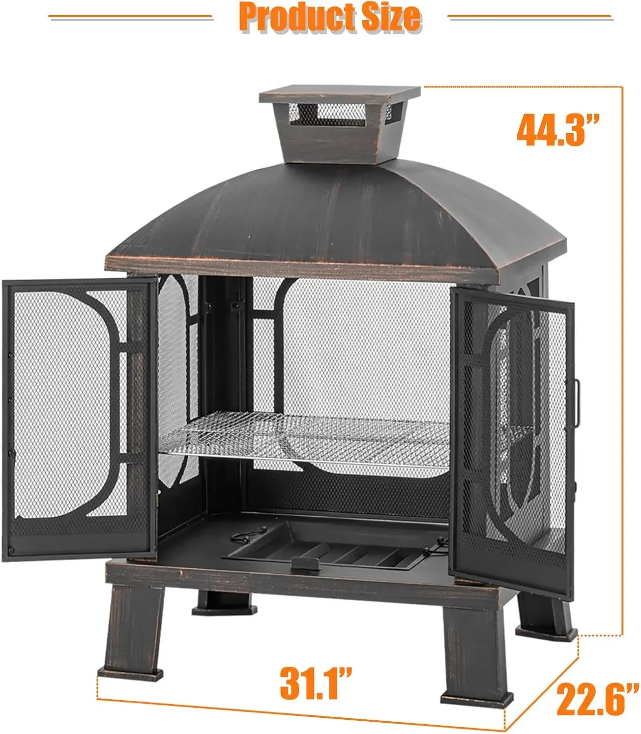 45" H×31''W Metal Chiminea Fire Pit with Grill, Wood Burning Fire Pits for Outside,Square Chimineas Fireplace with Mesh Spark Screen