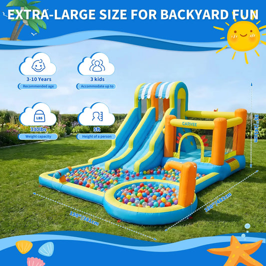 Inflatable Water Slide Bounce House 8-in-1 Kids Water Park With 550W Blower, Double Slides, Pool, Climbing Walls, Backyard Play