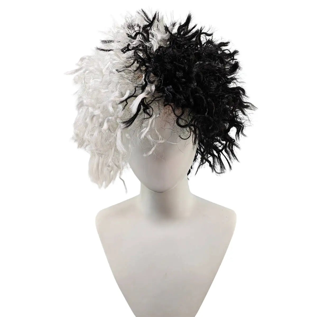 Black White Split Half And Half Premium Synthetic Fiber Afro Curly Wig Punk Rock Style Fluffy Voluminous Messy Short Kinky Hair Heat Resistant Adjustable Cap for Women Men Party Halloween Costume Cosplay Role Play Stage Show