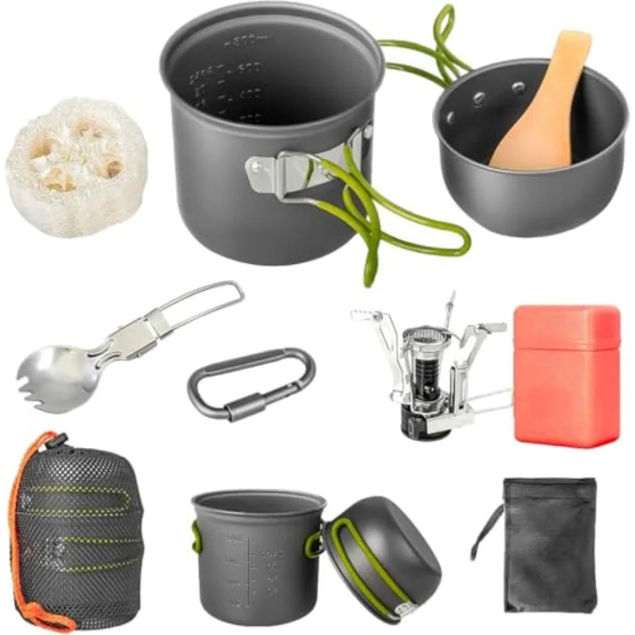 Camping Cookware Set, Portable Camping Mess Kit with Non-Stick Pots, Pans Set and Folding Fork, Lightweight Backpacking cookwar