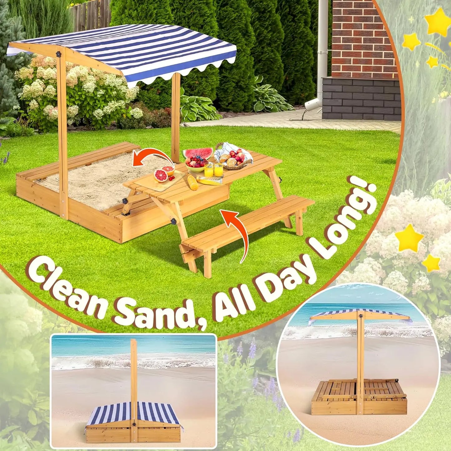 Kids Sandbox with Lid, Outdoor Wooden Sand Boxes with Kids Picnic Table, Sandpit with Cover Canopy, Toddler Outdoor Playhouse with Canopy
