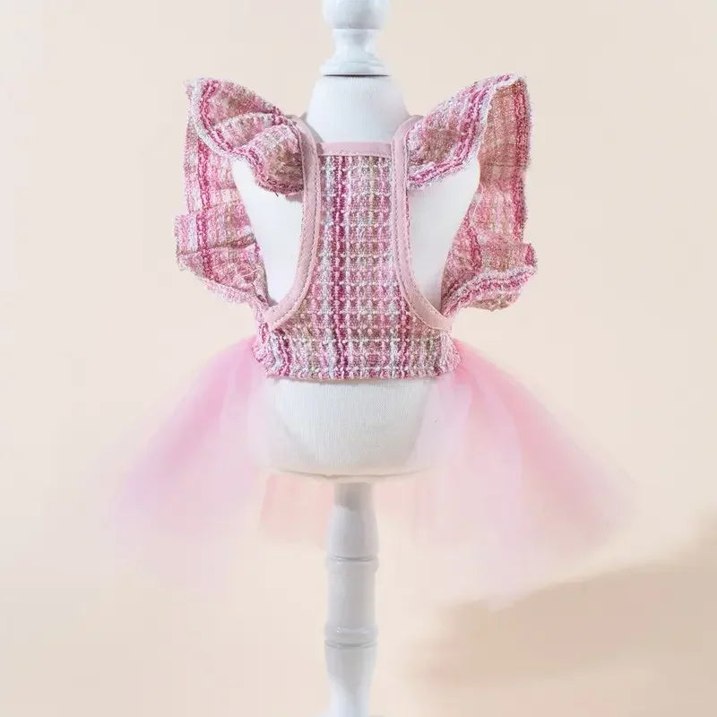 Cute Fashion Print Pet Dress with Bow, Plaid Pet Costume, Elastic Mesh Princess Dress, Puppy Cat, Complete Set, Puppy Clothes