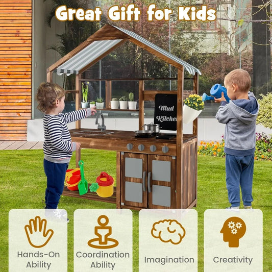 Mud Kitchen with Canopy, Fir Wood Play Kitchen for Toddlers, Garden Sink, Stoves, Chalkboard, Storage Cabinet, Customized