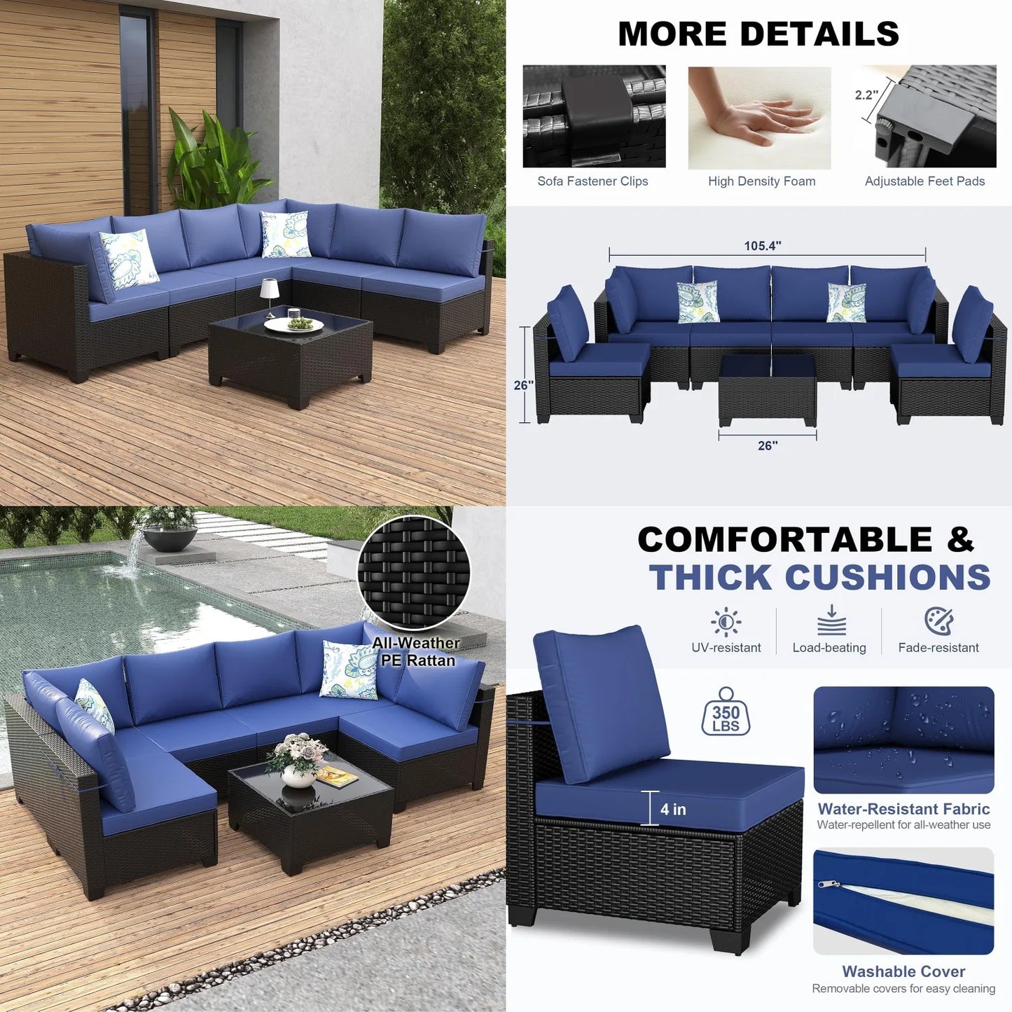 7 Piece Wicker Rattan Outdoor Patio Sectional Furniture Set, Outdoor Conversation Couch Set with Waterproof, Customized