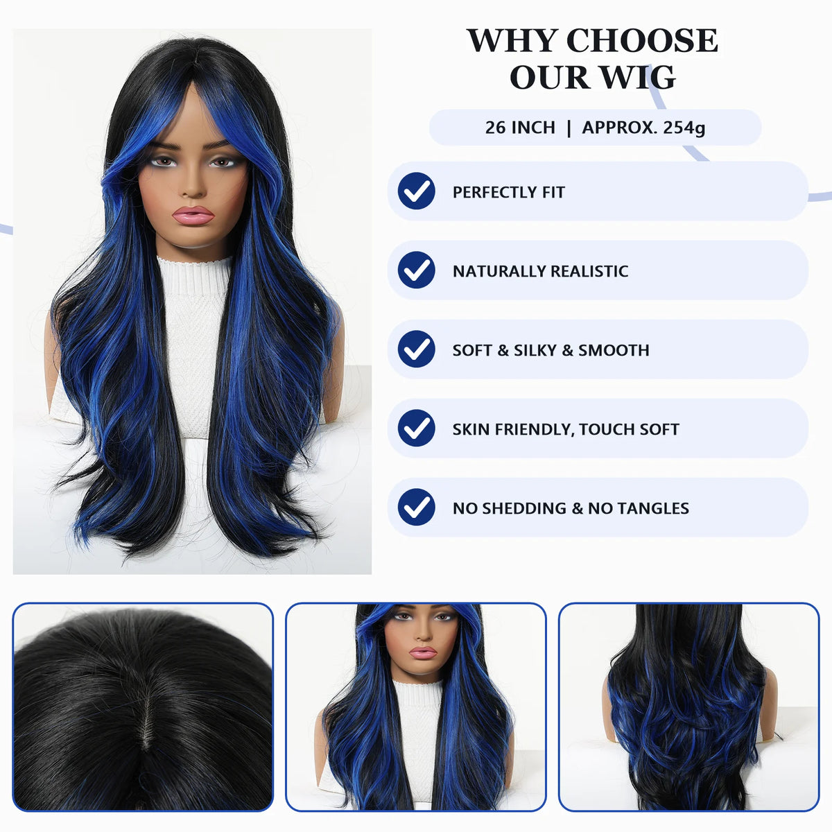 Halloween Wig Long Wavy Synthetic Wig Black and Blue Highlights 26 Inch Heat Resistant  Wigs for Women Black Wig with Blue Highlights Chemical Fiber Hair with Bangs Face Framing Cosplay Costume Party Goth Anime Daily Wear Sof