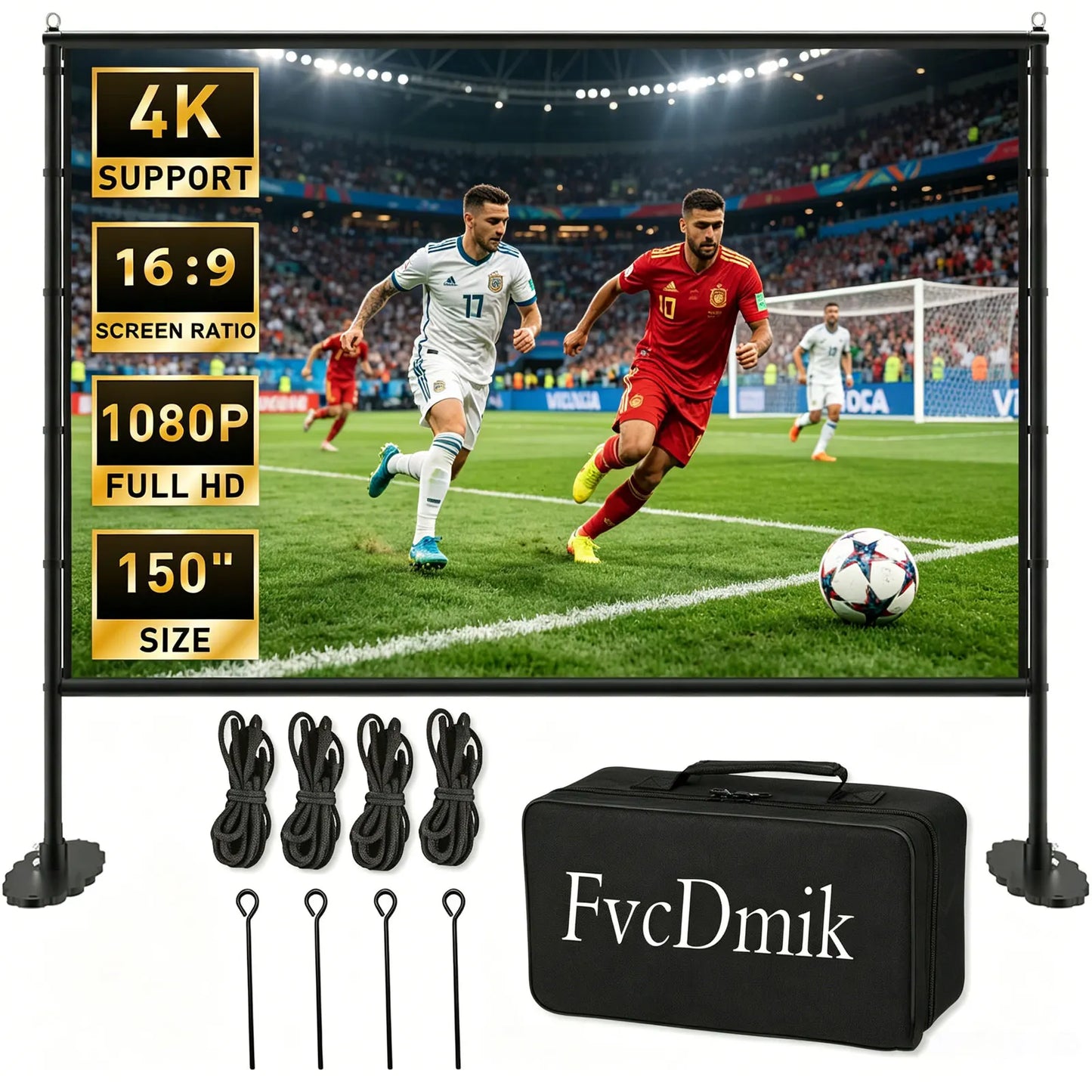 150 inch Projector Screen with Stand for Sports events & Football Match, 16:9 4K HD Portable Outdoor Movie Screen, Wrinkle-Free Foldable Indoor Projection Screen with Carry Bag & Ground Nails for Backyard Cinema Home Theater