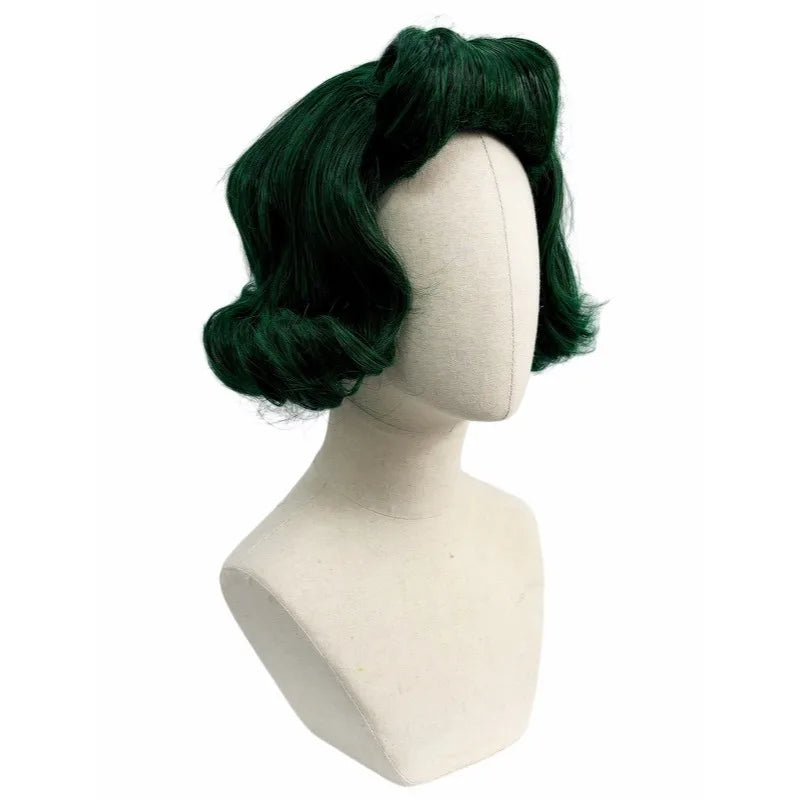 Dark Green Premium Synthetic Fiber Short Curly Wig with Bangs Cat Ears Top Bun Updo Fluffy Voluminous Retro Vintage Waves Inner Outer Curls Heat Resistant Adjustable Cap for  Cosplay Party Halloween Costume Role Play Stage Sh