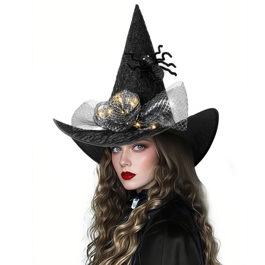 Women Halloween Witch Hat, 6 Styles Black Orange Purple Pointed Witch Hats with Spider Web Lace, Flower, Feather and LED Light Decor, Halloween Party Cosplay Costume Accessory