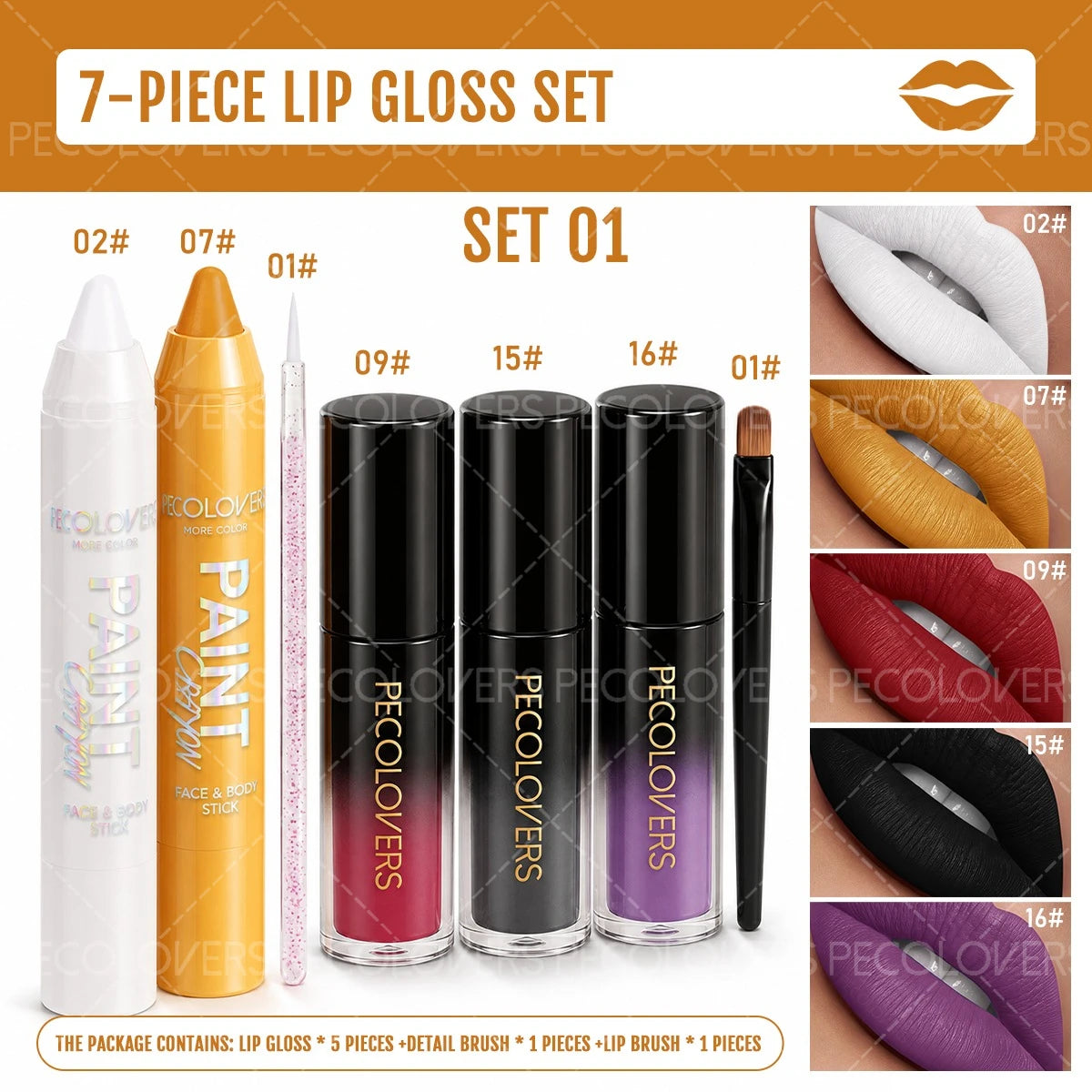 7PCS/SET Halloween Face And Lip Paint Set, 2 Paint Pens, 3 Liquid Lip Colors, 1 Detail Brush, 1 Beauty Tool, Quick-Dry Smudge-Proof Formula, Long-Wear Non-Sticky Finish, Great for Spooky Holiday Looks
