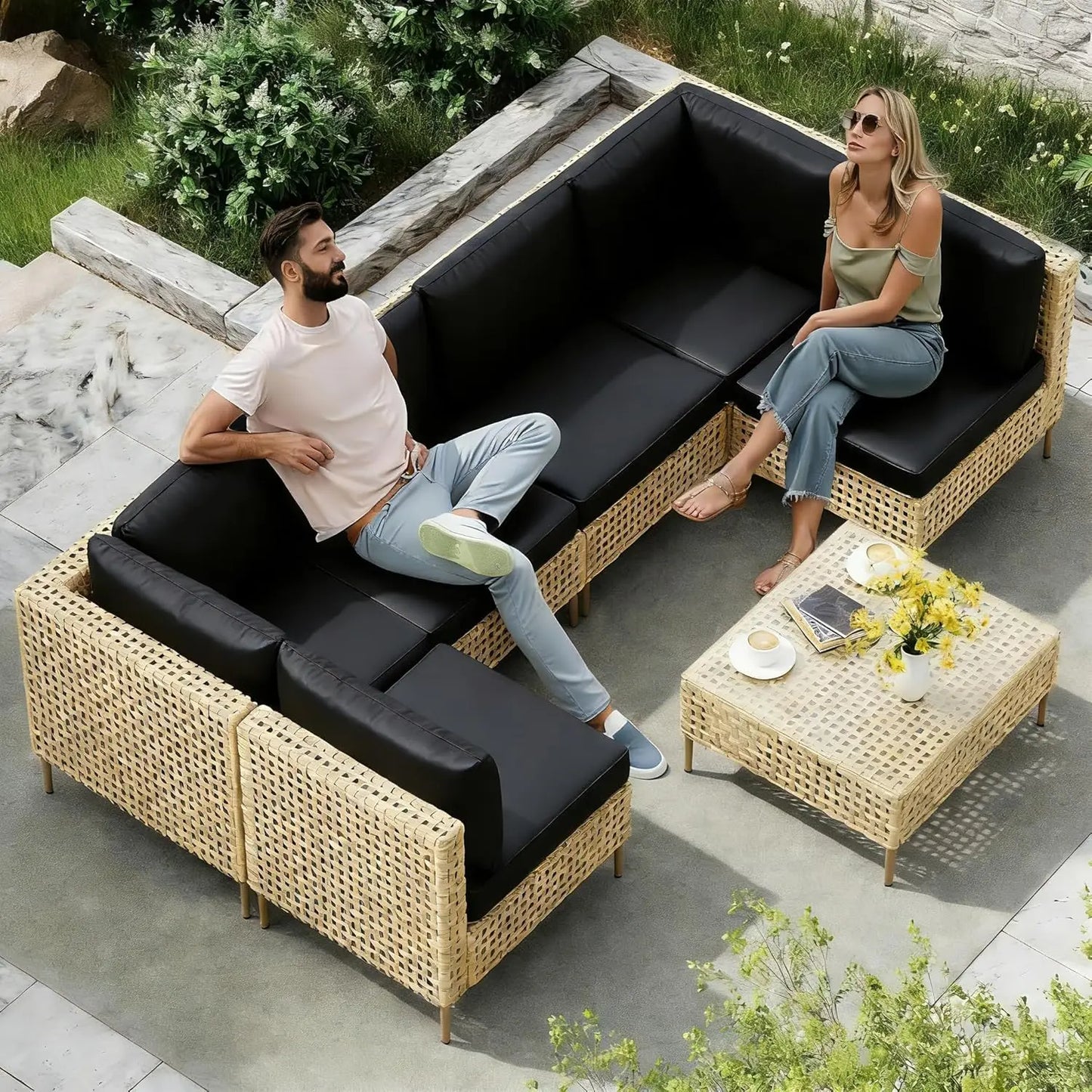 7 Piece Wicker Outdoor Sectional Sofa Set with Coffee Table All Weather Cushions Backyard Porch Large Hand Knitting, Customized