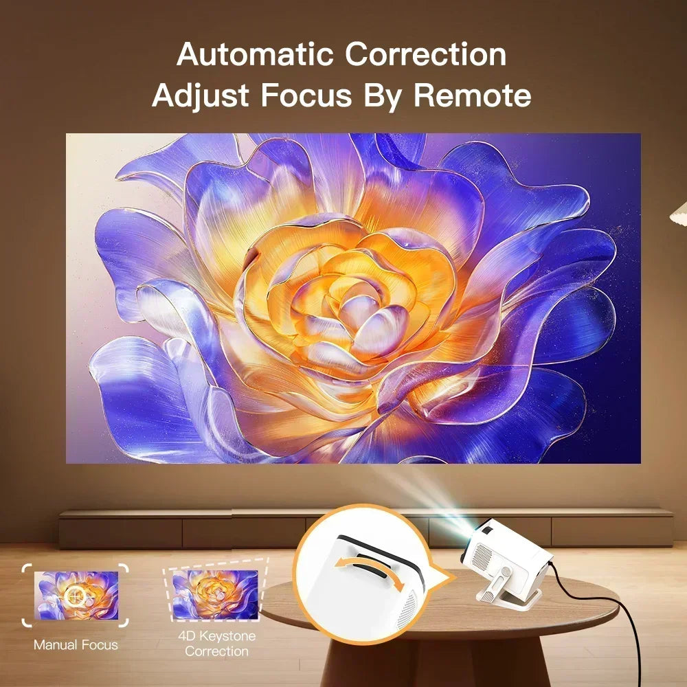 Mini Projector Wifi6 and BT5.4 Native 1080P, 4K Decoding Android 14 Auto Keystone 180° Flexible Portable Beamer for Home Theater