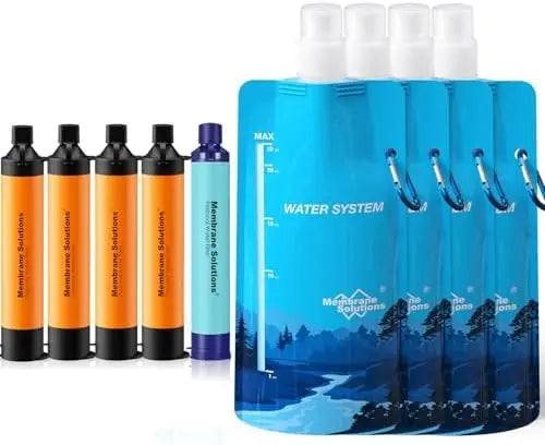 Squeezable Water Filtration System, Survival Water Purifier Kit, Portable Backpacking Gear Including Water Filter Straw and 23oz Collapsible Bottle for Hiking Camping Travel(5+4)