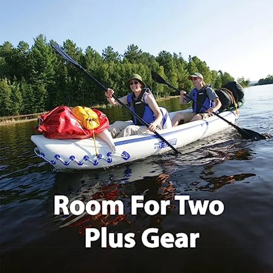 Inflatable Sport Kayak For 3 People, Durable PVC Material, Blue And Gray Color, Includes Paddles, Deluxe Seats, Pump, And Carry