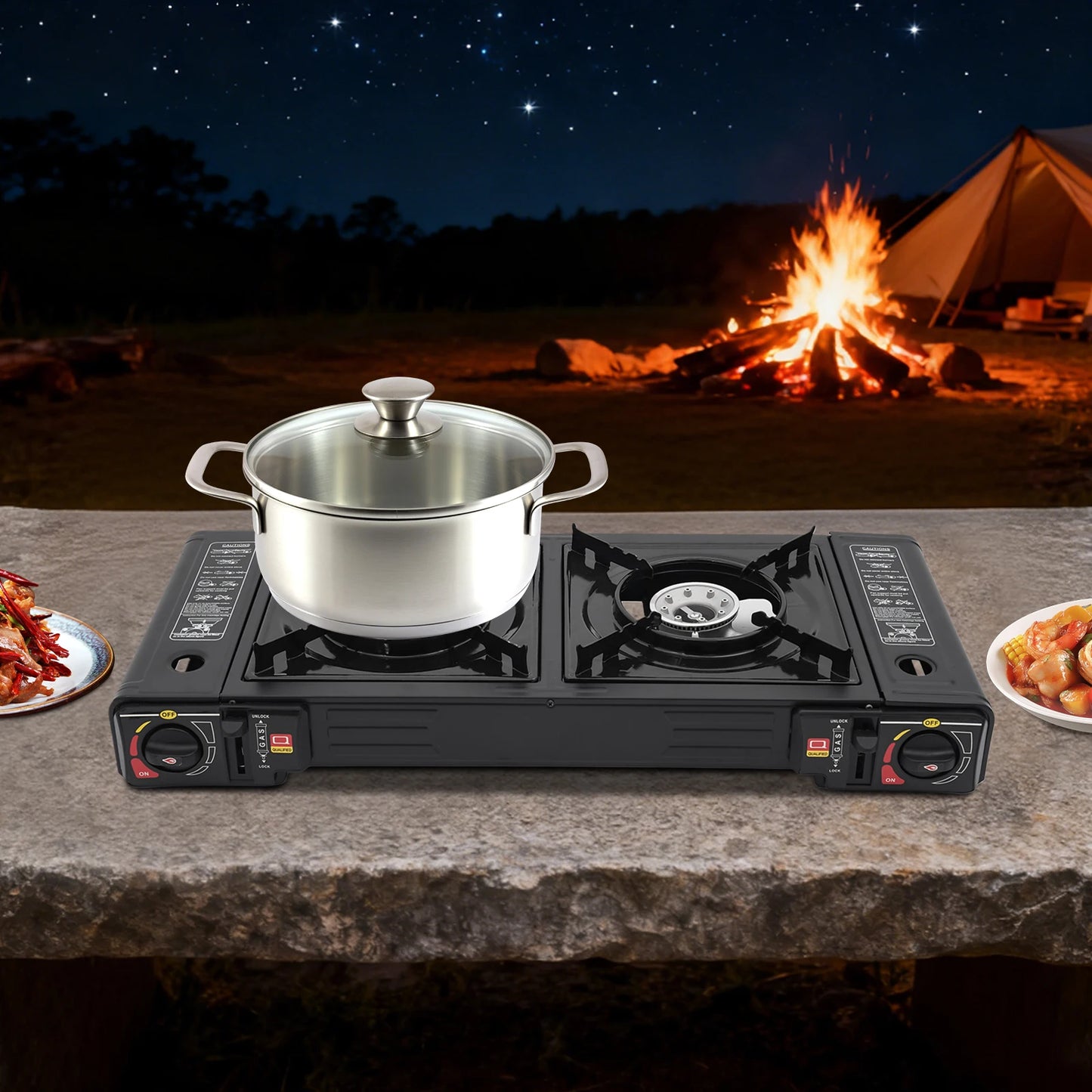 Portable Camping Stove 2 Burner 2500W Each Gas Cooktop Butane LPG Outdoor Picnic Cooking Tabletop Dual Control Overpressure Protection Lightweight Carry Case Fast Heating for RV Patio Hiking