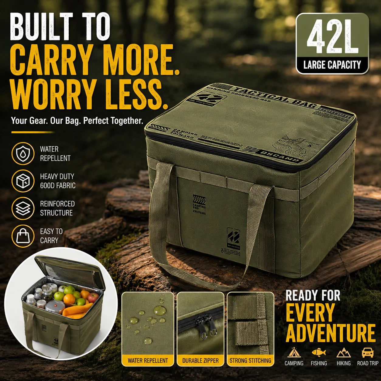Large Capacity Camping Storage Bag Heavy Duty Water Repellent 600D Oxford Tactical Gear Organizer Foldable Portable Cookware Storage Bin For Car Trunk Hiking Fishing Picnic BBQ Road Trip Outdoor Travel Accessories
