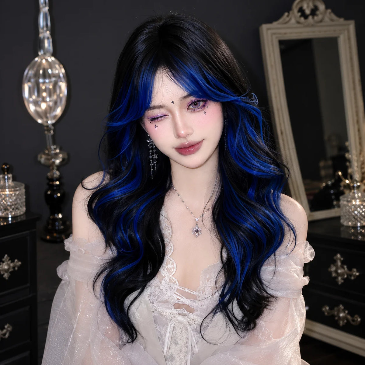 Halloween Wig 26-Inch Long Wavy Synthetic Wig Black and Blue Highlights Heat Resistant Wig for Women Black Wig with Blue Highlights Chemical Fiber Hair with Bangs Face Framing Cosplay Costume Party Goth Anime Daily Wear Soft