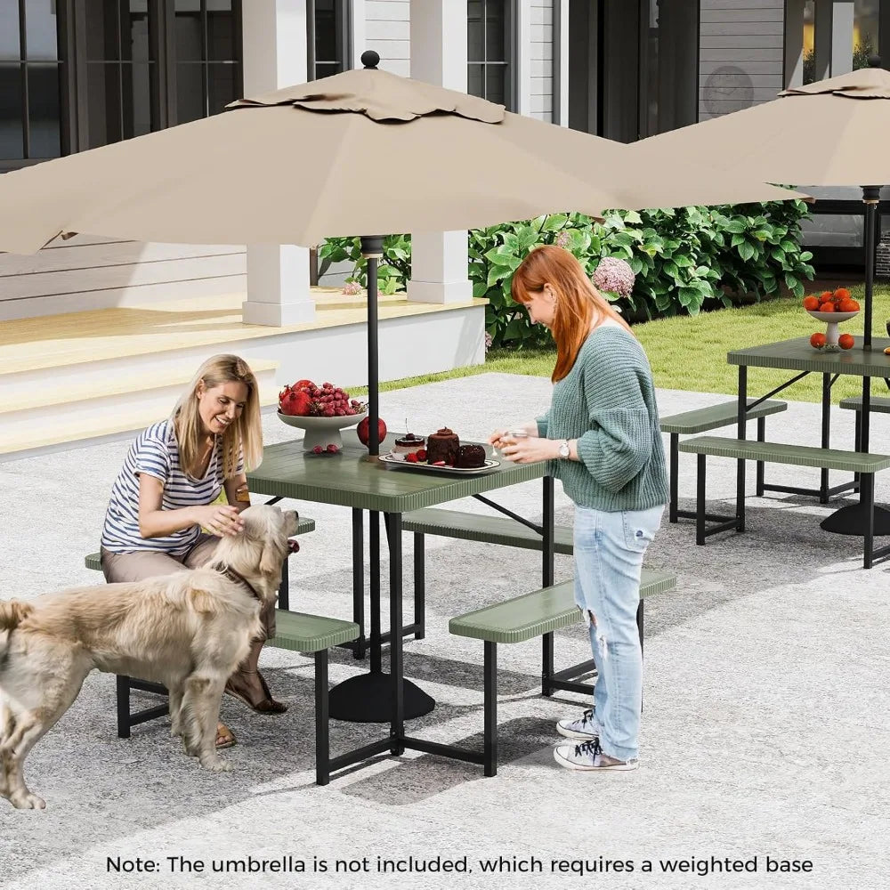 Picnic Table Bench Set for 4-8 People, 34" Outdoor Square Dining Table & 2 Benches W/Umbrella Hole, Customized