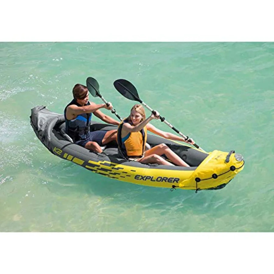 2 Person Inflatable Kayak Set with Air Pump in Yellow for Outdoor Water Sports Durable PVC Material Compact and Easy to Carry
