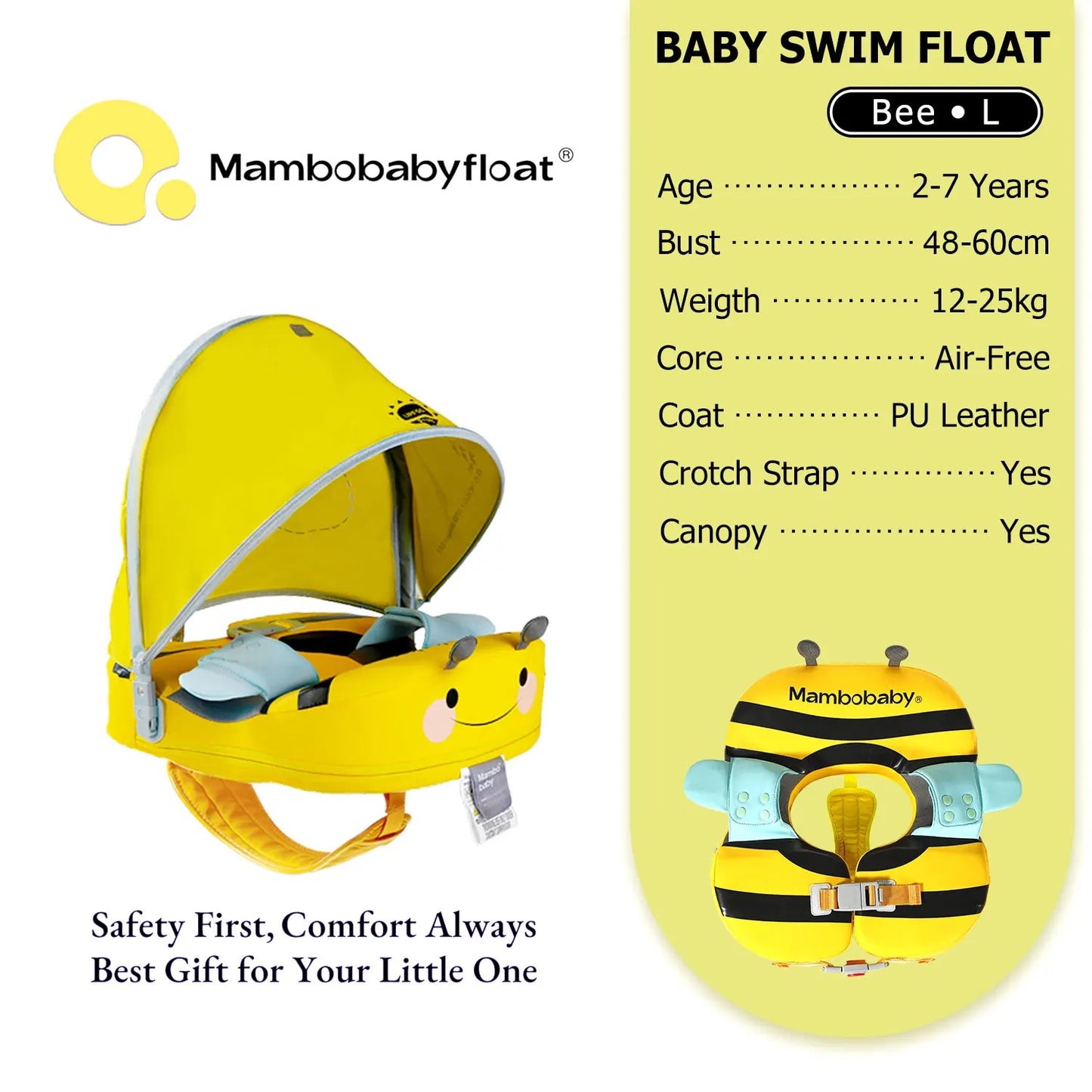 Mambobaby Float with Crotch Strap UPF50+ Canopy Air-Free Non-Inflatable Baby Swimming Ring Toddler Pool Float Infant Water Ring