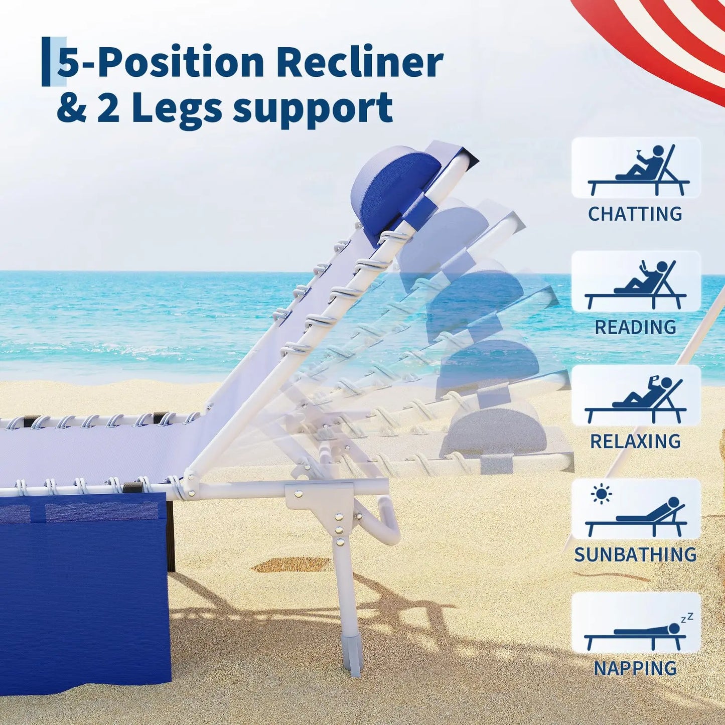 New Tanning Chair with Face Hole, 3-in-1 Outside Beach Lounge Chair with Folding Table, 5 Reclining Positions and Removable Pillow, for Beach, Pool, Patio, Garden -Max 330lbs (Blue)