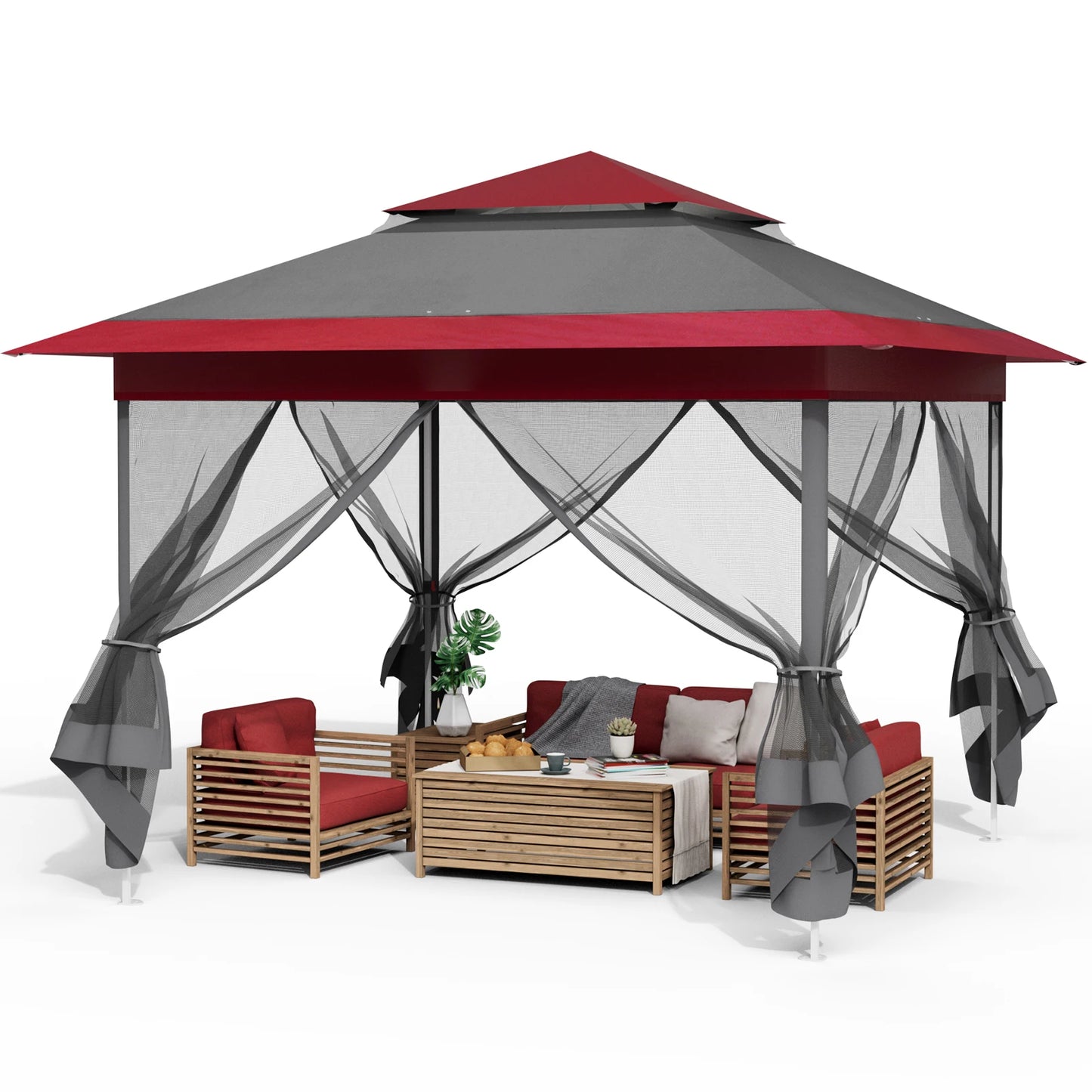 Gazebo 3.3x3.3m Waterproof Stable Pop Up Folding Gazebo, Adjustable Garden Gazebo with 4 Mosquito Net Side Panels & Double Roof