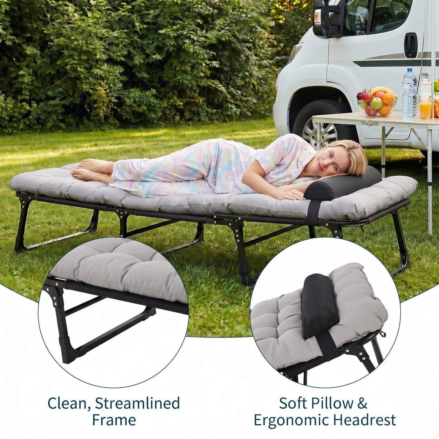 170/190/200cm Foldable Camping Cot For Adults With Mattress & Pillow, 5-Position Adjustable Portable Guest Bed, 400lb Capacity