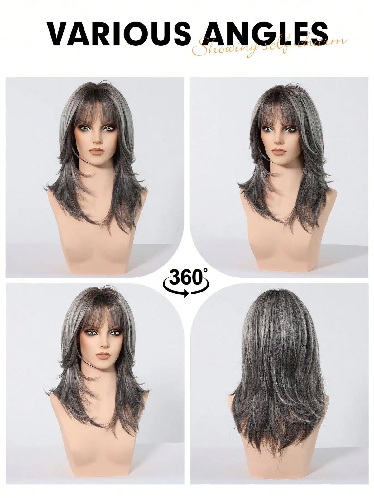 Halloween Wig TopShe Medium Length Wig Grey Curly Wig for Woman 18 inch Heat Resistant Silver Grey Synthetic Wig Layered Medium Long Shaggy Hair Wig osplay Costume Party Daily Wear Natural Ash Grey Salt and Pepper Hairpiece F