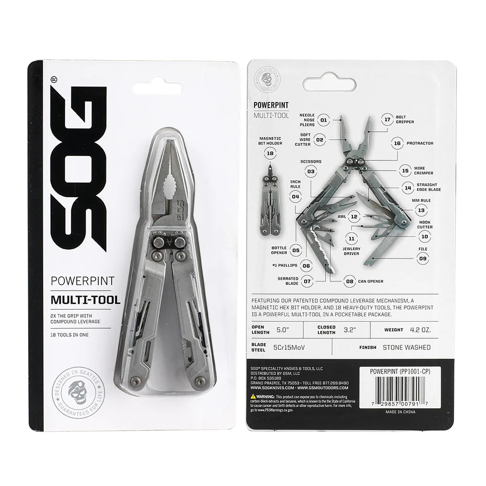 SOG 18 in 1 PowerPint Mini Multi-tool Stainless Steel Pocket EDC Multifunctional Pliers with Folding Knife Screwdrivers Scissors For Survival Fishing Hiking Cycling Travel DIY Home Emergency Repair Portable Camping Tools and