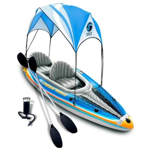 2 Person Inflatable Kayak For Lakes And Rivers, PVC Material, Blue, Includes Sunshade Canopy High Output Air Pump Storage Bag A
