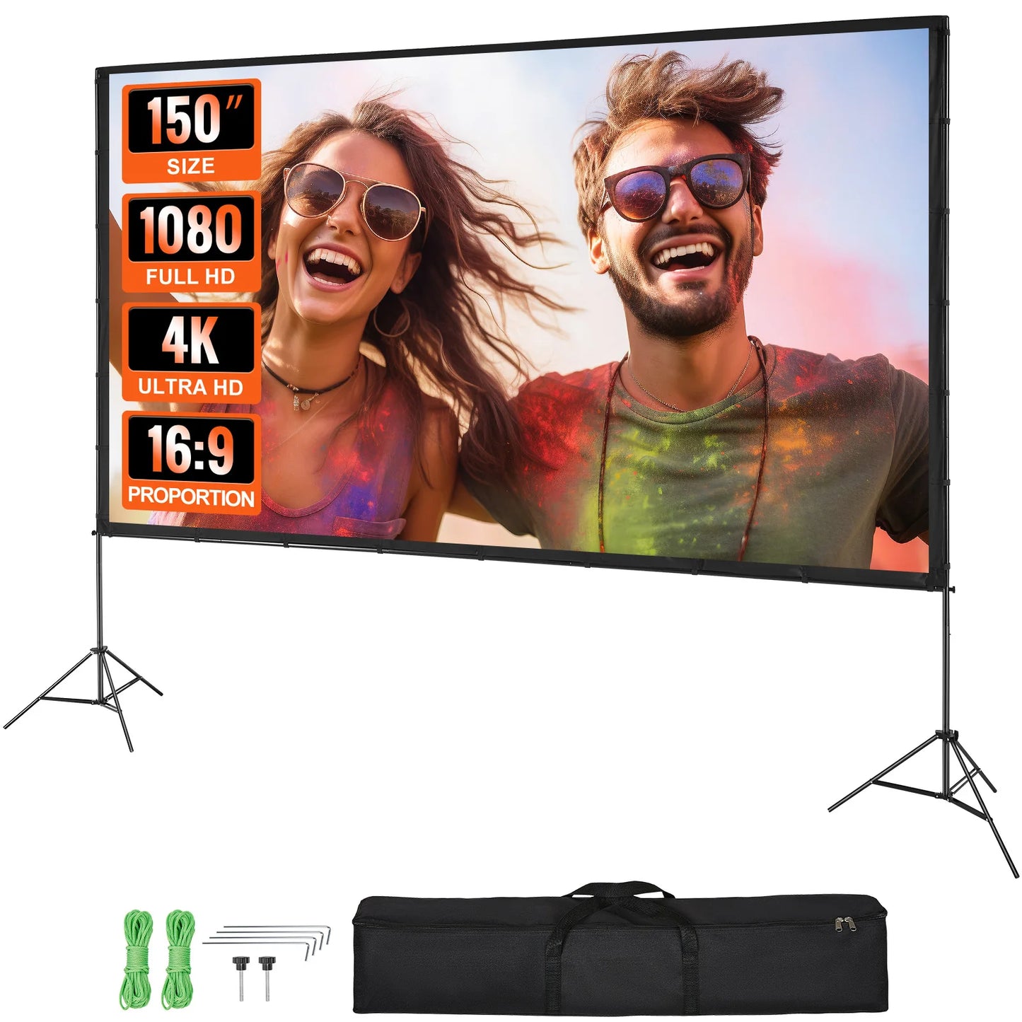 Projector Screen w/ Stand 150in 16:9 4K 1080 HD Portable Projection Screen for Home Office Garden Moive Theater Cinema