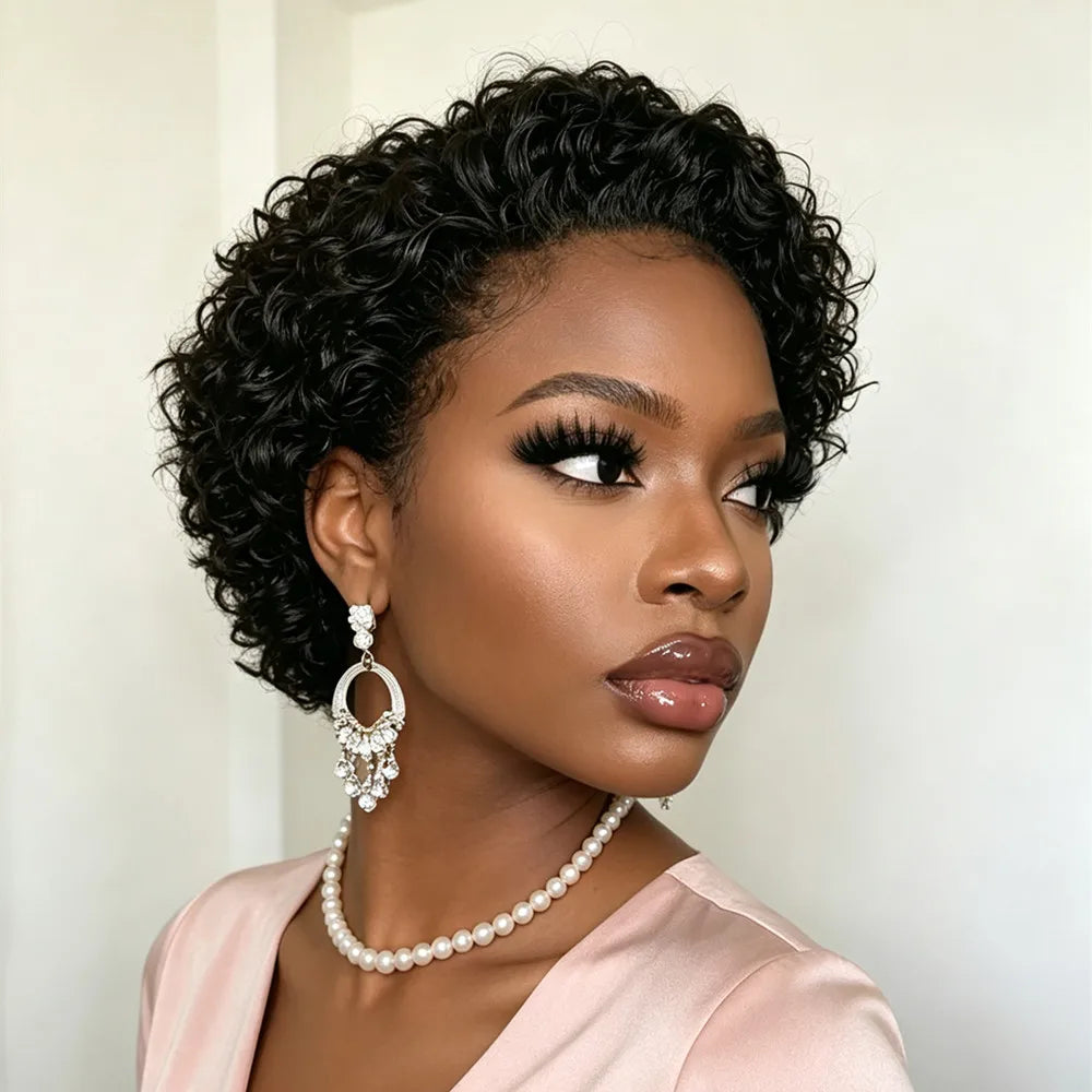 natural black color halloween gift  for women short curly wave 13x4 lace bob human hair wig pixie cut wig human hair wig
