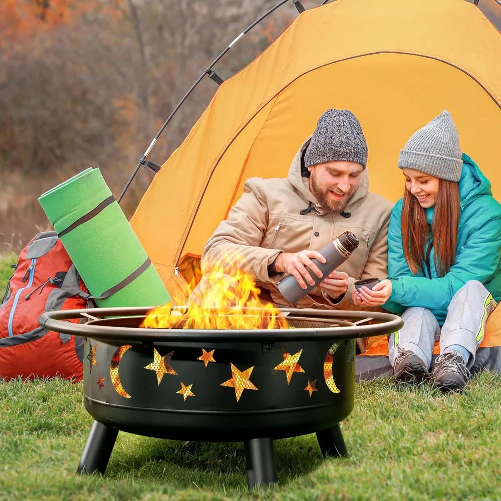 32 Inch Round Fire Pit with Mesh Cover, Fire Poker, Star and Moon Design, Metal Wood Burning Outdoor Firepit for Patio