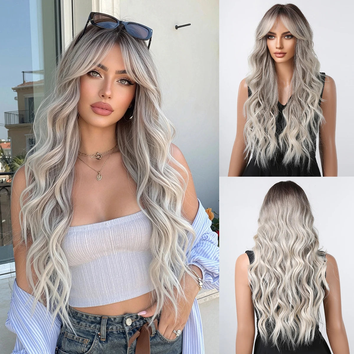 Halloween Wig 26-Inch Long Wavy Synthetic Wig Black and Blue Highlights Heat Resistant Wig for Women Black Wig with Blue Highlights Chemical Fiber Hair with Bangs Face Framing Cosplay Costume Party Goth Anime Daily Wear Soft