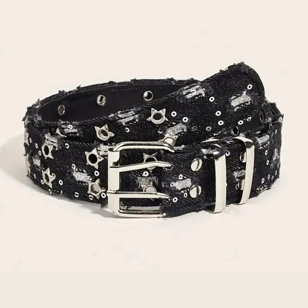 1PC New Fashion Luxury Belt Black Punk Accessories Blue Denim Girdle HipHop Y2k Star Hollowed Pin Buckle Waistband，For Men Women