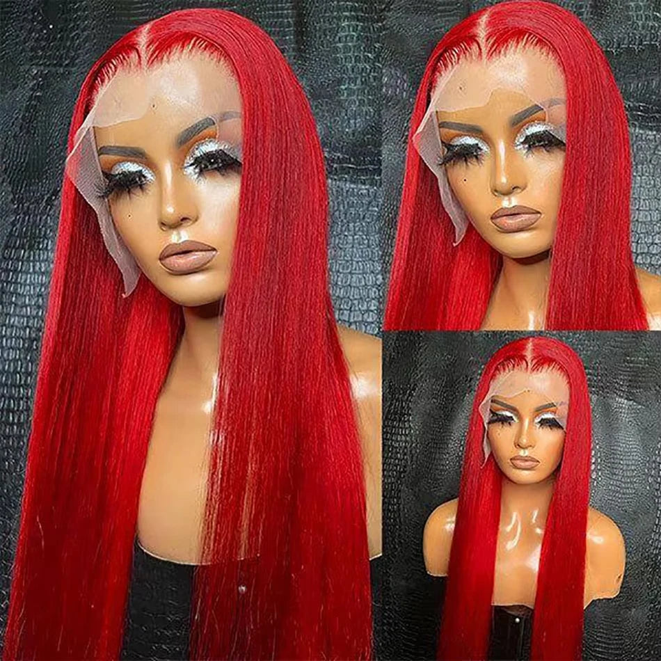 Hot Red 13x6 HD Lace Frontal Human Hair Wigs Malaysian Colored  Human hair Wigs Straight Lace Frontal Wig Bright Red Transparent Lace Wigs For Women