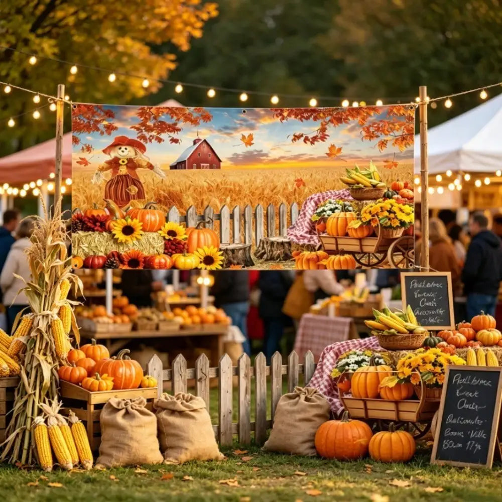 1pc Thanksgiving Fall Harvest Backdrop Banner, 157*71in Large Pumpkin Scarecrow Farm Barn Photo Background Cloth With Balloon Chain, Autumn Thanksgiving Day Party Wall Hanging Decor Supplies