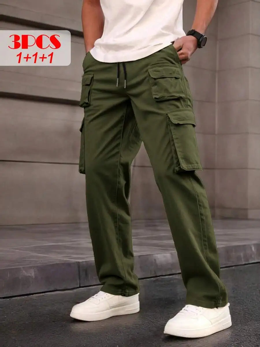 PINELF 3-Pack Men's Cargo Pants, Multiple Pockets, Perfect For Spring/Fall Wear | Drawstring Waistband | Smooth Textured