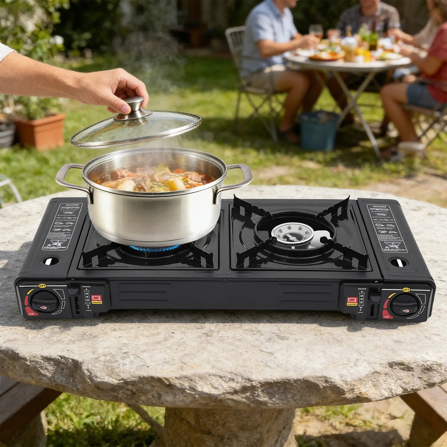 Portable Camping Stove 2 Burner 2500W Each Gas Cooktop Butane LPG Outdoor Picnic Cooking Tabletop Dual Control Overpressure Protection Lightweight Carry Case Fast Heating for RV Patio Hiking