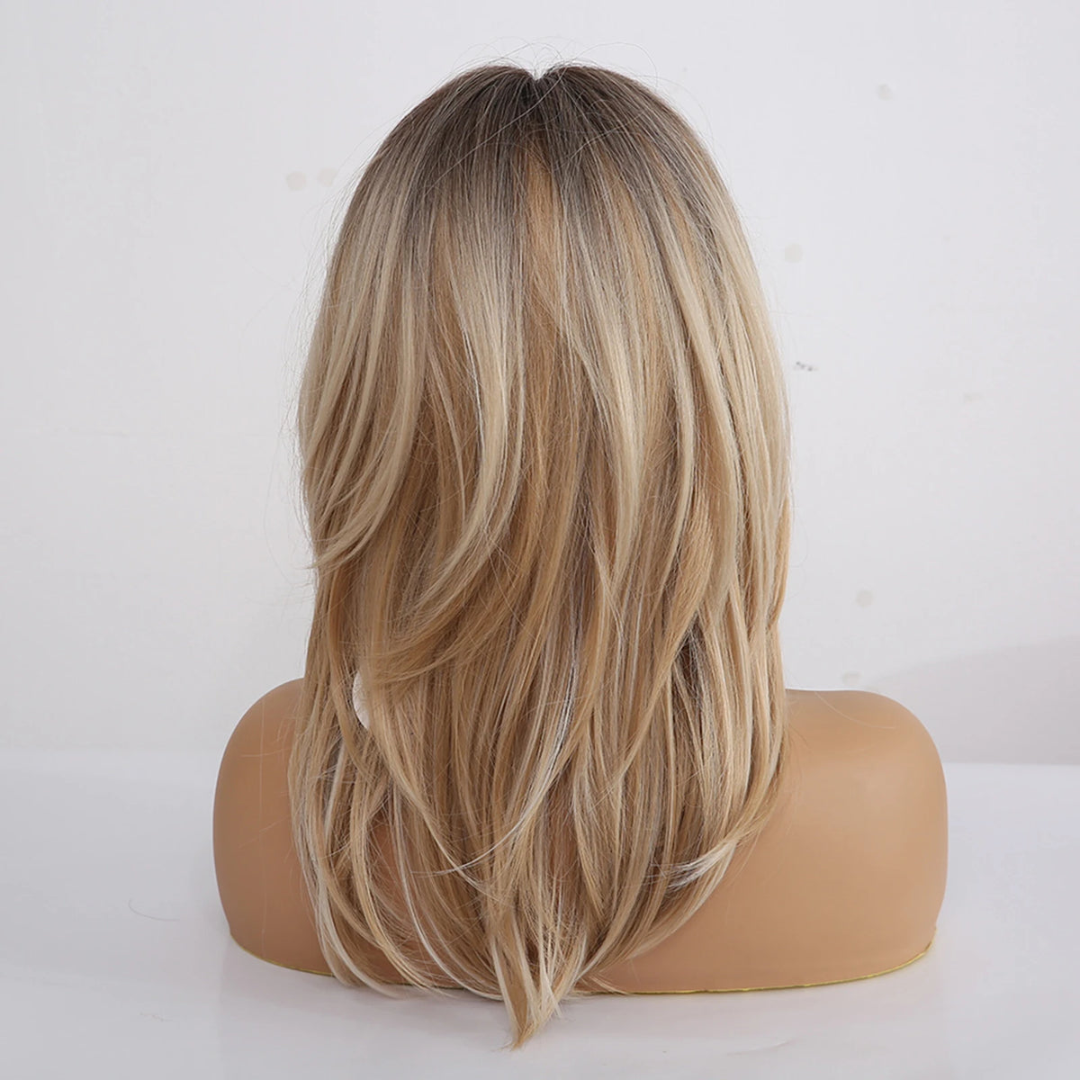 Halloween Wig TopShe Long Natural Wave Wig with Bangs for Woman Blonde Wig with Dark Roots Synthetic Wig Heat Resistant Fiber Loose Wave Medium Length Layered Ombre Blonde Highlights Cosplay Party Wigs