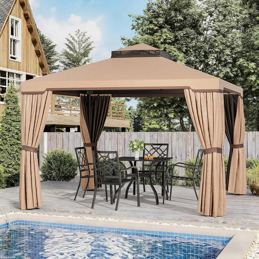 10x10 FT Outdoor Garden Gazebo Steel Vented Double Roof Canopy with Mosquito Netting for Backyard Lawn Party, Custom