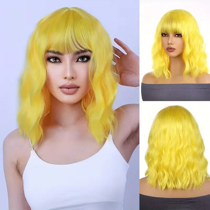 Bob Wig With Bangs 12 Inch Short Wavy Bob Wig Synthetic Blue Orange Pink Yellow Purple Red Wigs For Women Cosplay Halloween Kpop Daily Use
