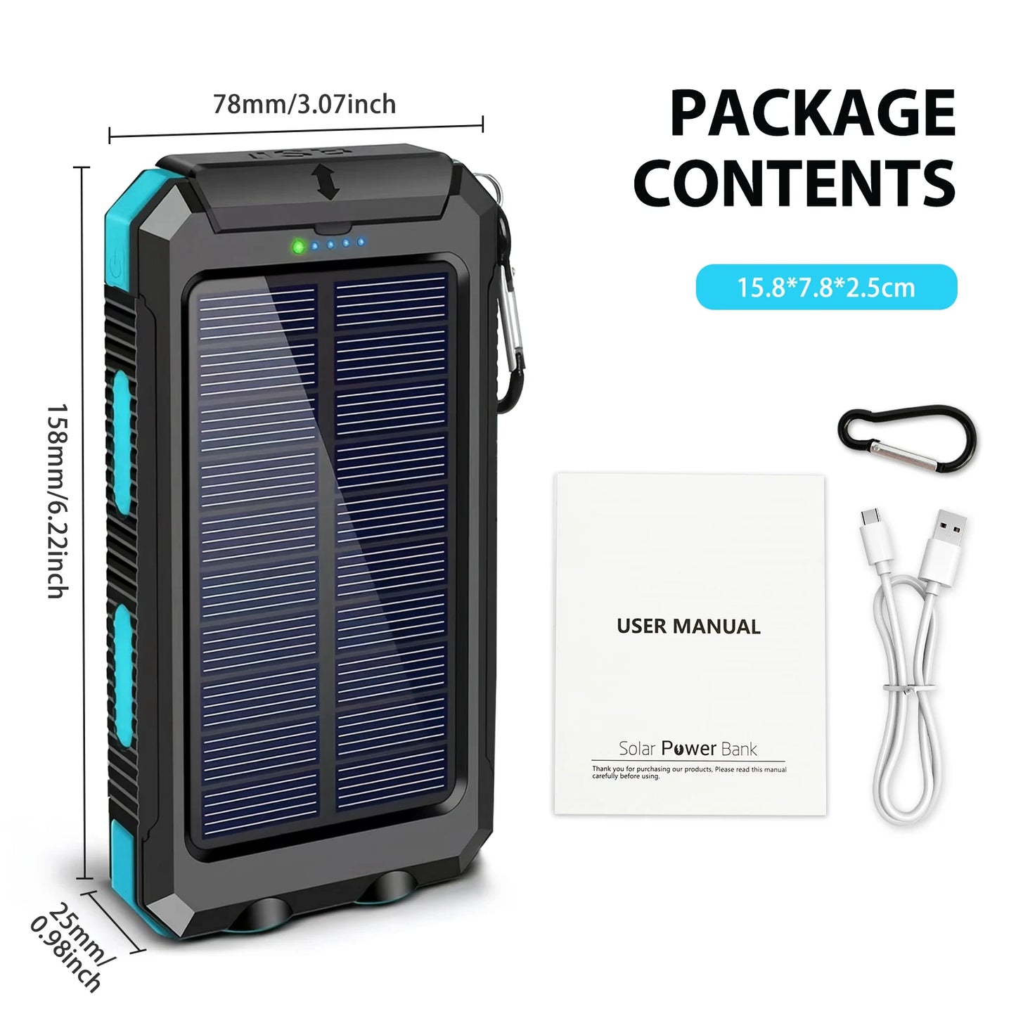 30000mAh Portable Solar Power Bank External Battery Waterproof Dual 5V 1A USB Ports LED Flashlight for iPhone Samsung Tablets