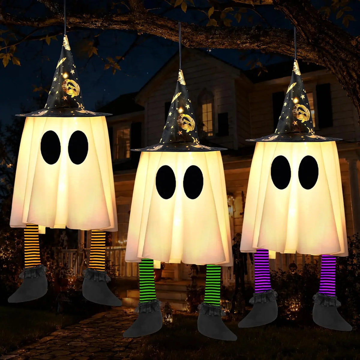 23.6'' 3Pcs Halloween Hanging Ghosts Decorations Outdoor, Warm Light Up Ghosts with Witch Hat & Timer, Flying Halloween Decorations for Yard Porch Lawn Party Supplies Tree Decor