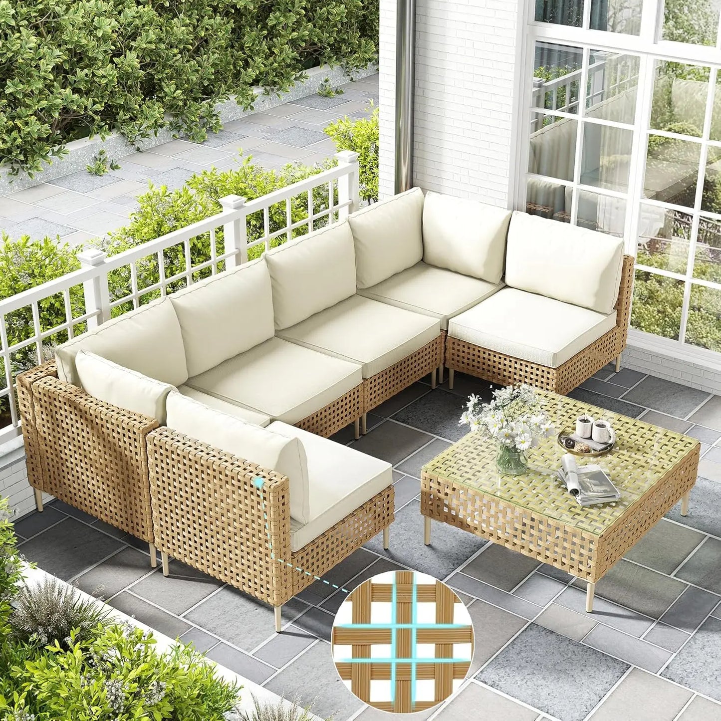 7 Piece Wicker Outdoor Sectional Sofa Set with Coffee Table All Weather Cushions Backyard Porch Large Hand Knitting, Customized