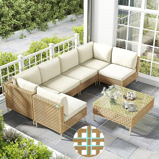 7 Piece Wicker Outdoor Sectional Sofa Set with Coffee Table All Weather Cushions Backyard Porch Large Hand Knitting, Customized