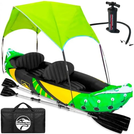 Inflatable Kayak 2 Person with Detachable Sun Canopy Heavy-Duty Tandem Kayak for Adults Reinforced Paddles Waterproof